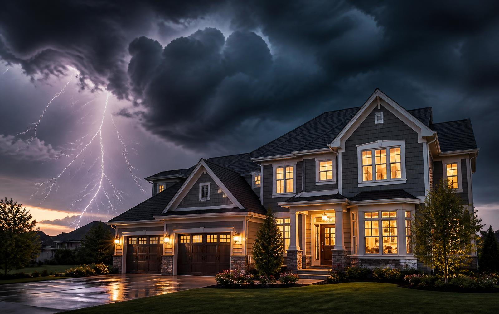 Home with a new roof under a stormy Gulf Coast sky